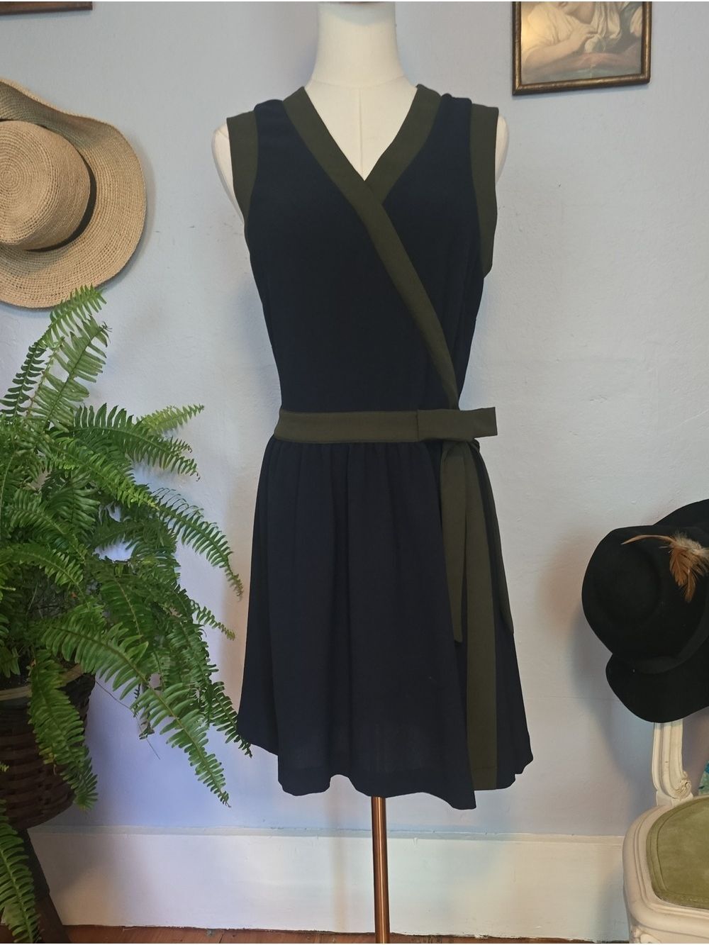 MODCLOTH Sleeveless Navy and Olive Faux Wrap Dress Size S